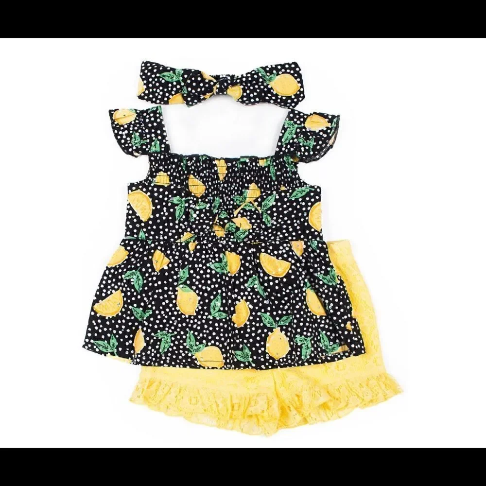 LITTLE LASS 24M Lemons with Disco Dots 3-piece Short Set - Picture 3 of 6